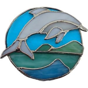 Jumping Dolphin Stained Glass Sun Catcher with Ocean & Mountains 4" Beach Decor